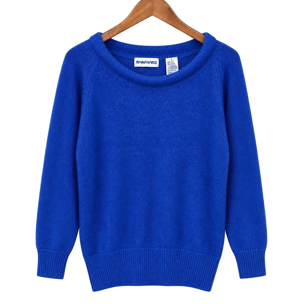 Vintage Mainframe Silk Angora 80s Sweater Womens S Cobolt Blue Bateau Boat Neck